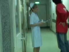Sharked girl in nurse uniform fell on the floor