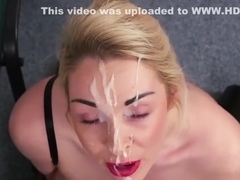 Horny doll gets cum shot on her face eating all the jizm