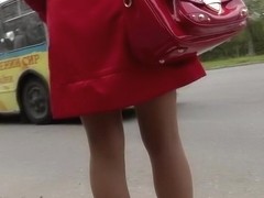 Large upskirt a-hole up red coat