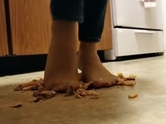 Cheeseburger and fries crushed under nylon feet, walkover style