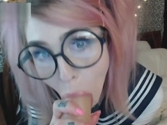pink haired schoolgirl pov bj and reverse riding with glasses and pigtails