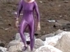 Slender amateur doll is wrapped in lilac latex costume 08e