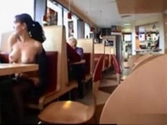 Dark Haired Girl Flashing Boobs In Public Restaurant