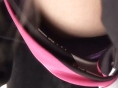 Asian business woman porno vid showing tits in a black and pink blouse