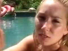 Hawt blond with tiny hot bazookas gives fella a cook jerking in the pool