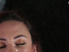 Wacky honey gets jizz shot on her face eating all the cream