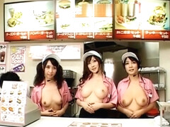 Mesmerized Japanese fast food workers get fucked doggy style in public