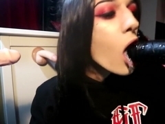 Possessed Goth Tranny Trap Sucks 3 Cocks Sloppy Bukakke Deepthroat Footjob