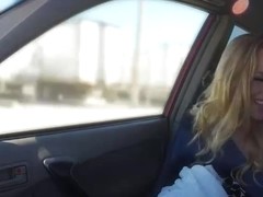 Sexy blonde babe Staci gets rescued by a nerdy dude and gets fucked in the backseat