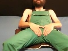 wank and cum in bib overalls on rubbermat and apron