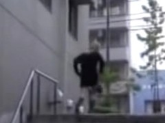 Blond-haired careless slag having sharking experience while climbing on the stairs