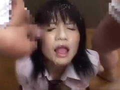 Real japanese teen plays with her pussy and gets bukkake in gangb