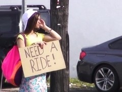 Hitchhiking babe fucked outdoors on car