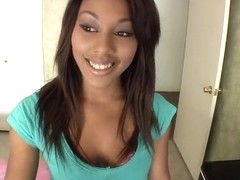 Beautiful Ebony with tight ass attacks huge white dick with her mouth during her casting