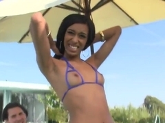 Brunette Latina with slim body and long legs sucks and rides near the pool