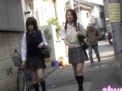 Amateur schoolgirls getting involved in public nudity while going to their class