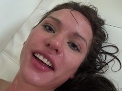 Brunette does blowjob and her globes is screwed rough