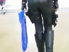 Candid teen ass follow caught by black widow in sexy leather
