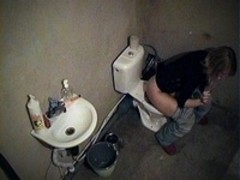 Voyeur masturbating in bathroom and exposes her large appetizing billibongs