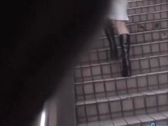 Hot voyeur scenes of girls upskirt on stairs