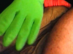Wife Jerks Cock with Green Rubber Gloves