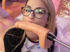 cam girl RIDES DILDO MACHINE and TAKES CUM ON FACE