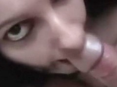 sexy dark haired cutie with firm marangos and hairless cunt gives him a bj and footjob